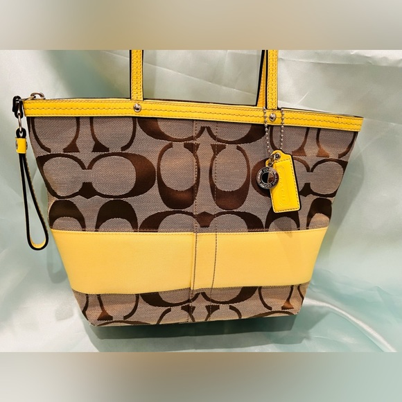 COACH - LIKE NEW!! Signature Monogram Brown/Khaki & Yellow Stripe Tote Bag - Picture 1 of 10